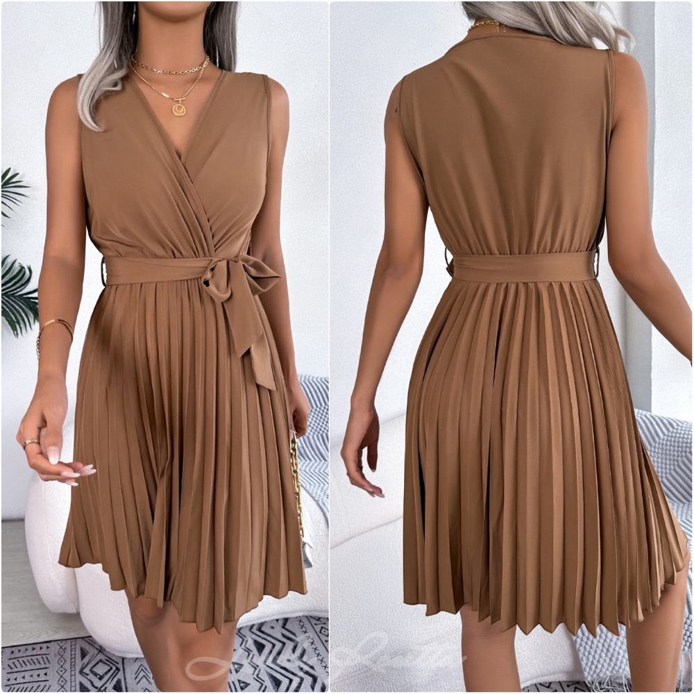 Caramel Sleeveless Surplice Dress with Tie Waist and Pleats